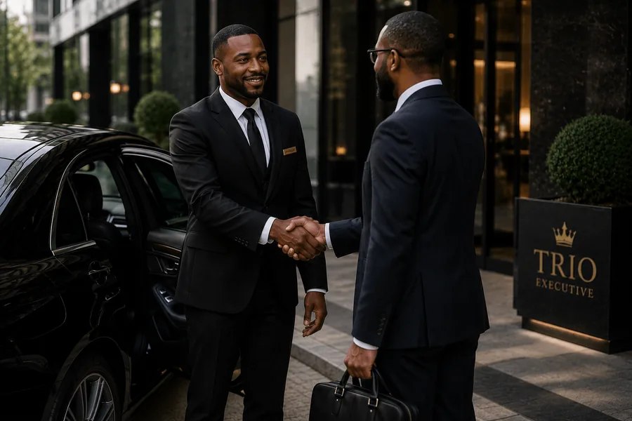 TRIO Executive chauffeur greeting an executive client