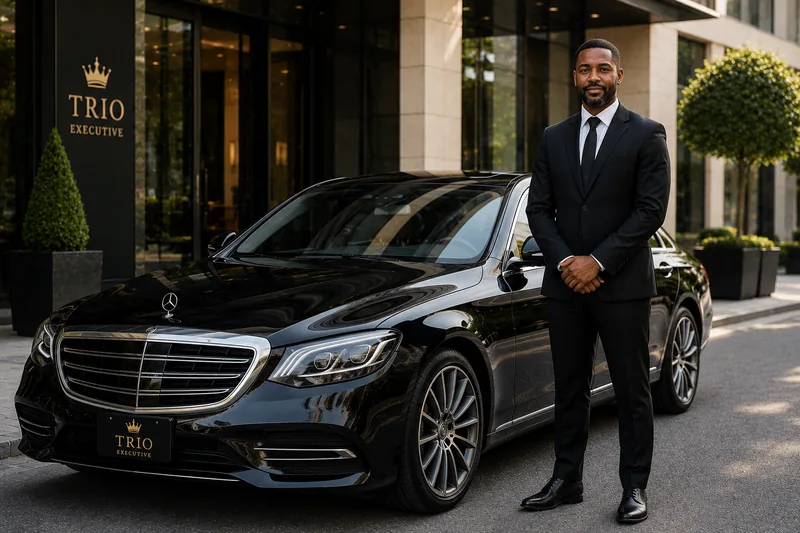 TRIO Executive chauffeur standing beside a luxury vehicle