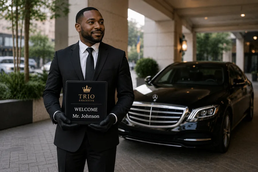 TRIO Executive chauffeur with a personalized welcome sign